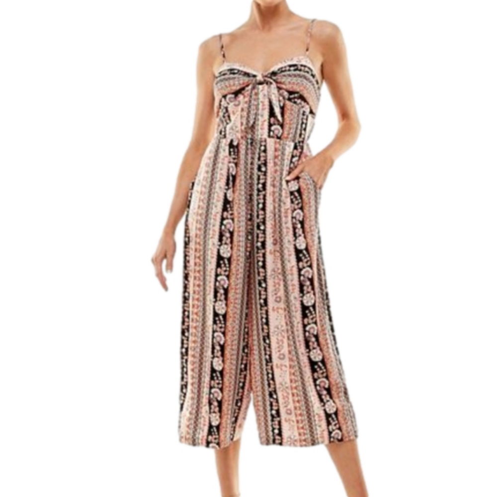 As U Wish Juniors' Knotted Front Molded Cup Cropped Jumpsuit.